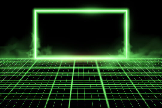 Wireframe perspective grid with green glowing neon frame and smoke. Abstract retro background. Vector illustration.
