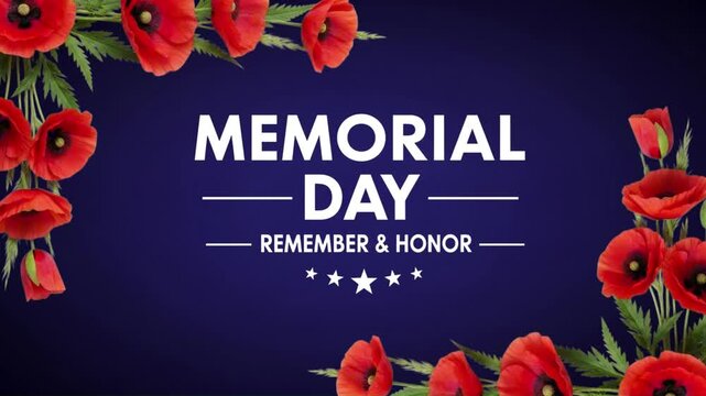 Memorial Day Remember and Honor typography, red poppy flowers frame on dark blue background, patriotic commemorative video background