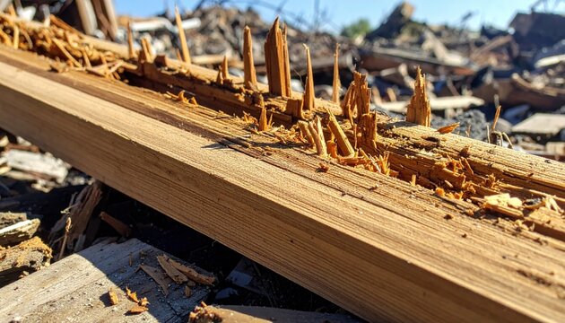 A heavily splintered wooden plank featuring deep shrapnel gouges lies amidst scattered construction site rubble under bright sunlight, highlighting the impact of raw mechanical destruction.