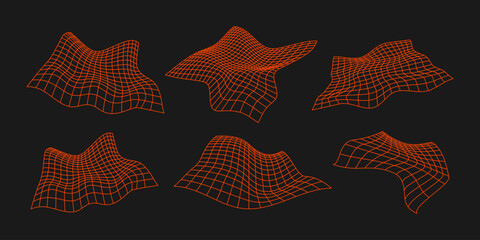 Neon grid with wireframe mesh, futuristic cyber background with glowing lines and abstract geometric shapes in retro style.. Vector illustration.