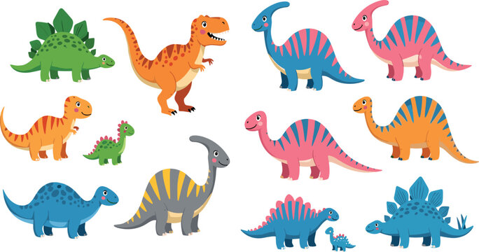 Cute Colorful Cartoon Dinosaur Collection Set with T-Rex Stegosaurus Parasaurolophus and Striped Characters for Kids Design