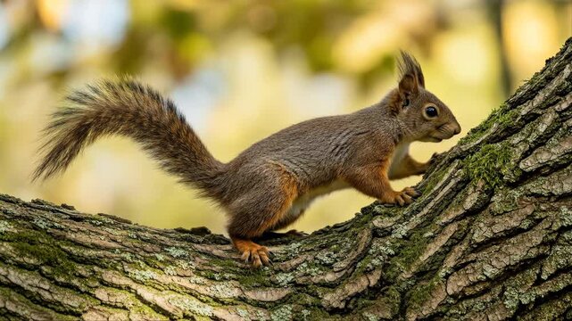 Alert red squirrel climbing a mossy oak tree branch in the forest.