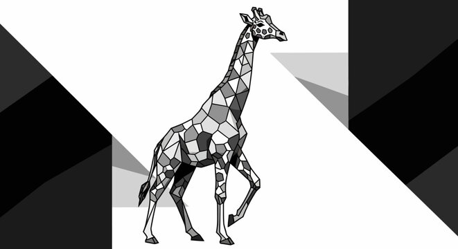 Grayscale Geometric Giraffe Illustration. Modern Low Poly Wildlife Animal Design with Abstract Black and White Background.