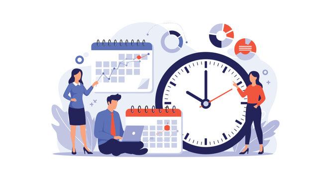 Professional team managing time and schedules with a giant clock and calendars representing efficiency, deadlines, and project planning.