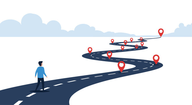 Determined man walks along long winding asphalt road marked with numerous red location pin icons toward a distant horizon.