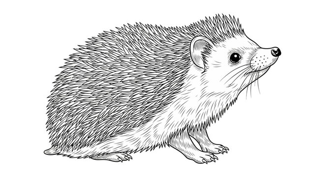 Detailed monochrome drawing of a hedgehog, a small spiny mammal with quills, isolated vector illustration in engraving style.