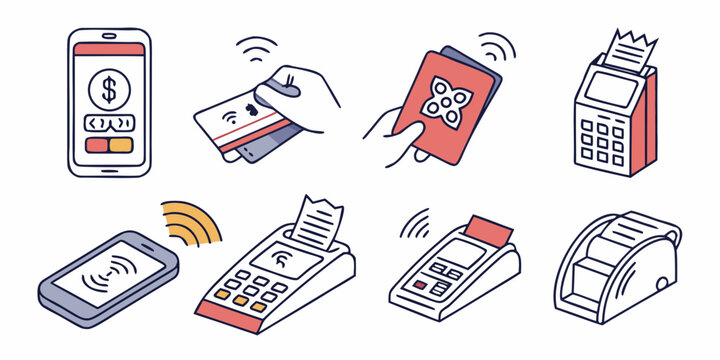 Digital payment and mobile banking icon set featuring wallets cards and electronic point of sale terminals qr code terminal transaction technology security commerce shopping business cashless