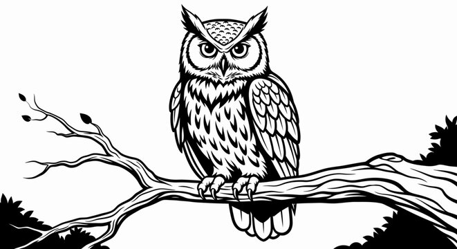 Majestic Owl Perched on Tree Branch - Detailed Black and White Wildlife Illustration. Wise Nocturnal Bird Art.