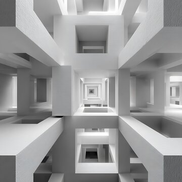 Abstract geometric architectural structure featuring repeating white cubic voids, endless tunnel perspective, minimalist building interior, depth.