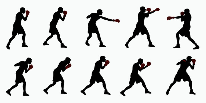 Boxing fighter silhouettes set in action poses with training silhouette movement exercise strength activity competition illustration collection isolated aggression
