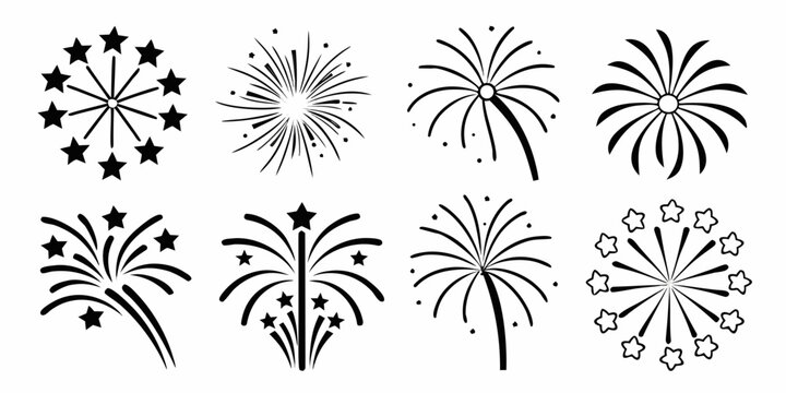 Set of black and white firework icons and sparklers with heart and star shapes for celebration design firework celebration sparkler silhouette abstract creative collection decoration isolated