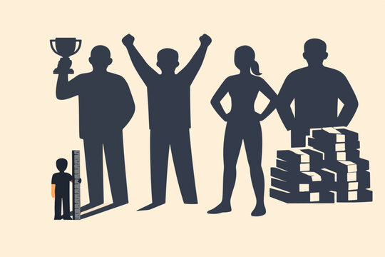 Social Comparison Concept with Person Measuring Self Beside Giant Shadows of Others Symbolizing Low Self Esteem and Competitive Pressure Illustration