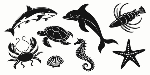 Marine animal silhouette collection featuring dolphins seahorses fish and crabs for graphic design ocean life sea creature seahorse wildlife silhouette collection illustration underwater © Mithila