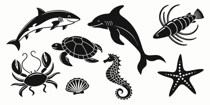 Marine animal silhouette collection featuring dolphins seahorses fish and crabs for graphic design ocean life sea creature seahorse wildlife silhouette collection illustration underwater