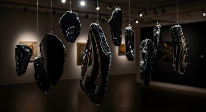Polished obsidian shards suspended as enigmatic art installation in a dimly lit gallery space