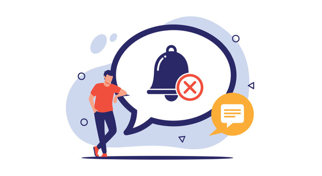 Man in red shirt leans against large speech bubble containing crossed-out notification bell icon denoting silence or focus mode.