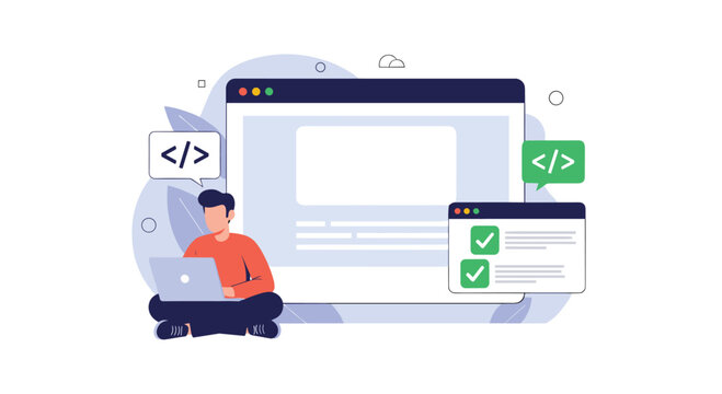 Developer sitting cross-legged works on laptop with coding windows and checkmarks representing software testing and success.