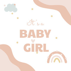 A delicate pink square banner celebrating the birth of a baby girl, featuring a rainbow, stars, and a little cloud