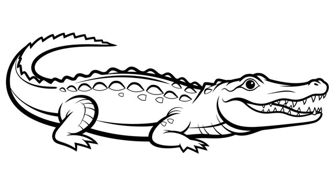 Smiling Alligator or Crocodile Line Art Illustration for Children's Coloring Book. Cartoon Reptile Vector Drawing.