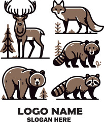 Obraz premium Set of Wild Animal Vector Icons Collection featuring Safari Wildlife Silhouettes and Cartoon Mammals