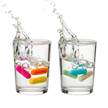 Colorful medical pills falling into two glasses of water creating big splashes