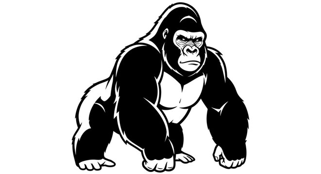 Powerful muscular gorilla black and white vector illustration. Strong ape standing on all fours, ready for action. Wild animal graphic.