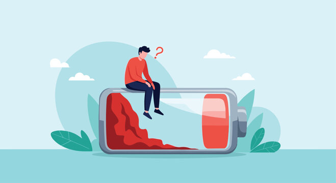 Fatigued man sits on top of a giant horizontal battery with a very low red charge level, symbolizing burnout and lack of energy or motivation.