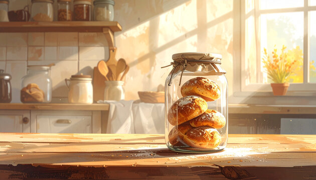 Bread rolls jar table sunlight
