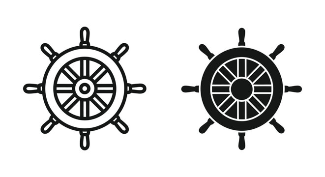 Ship wheel icon set, nautical steering wheel, marine helm symbol, vector illustration
