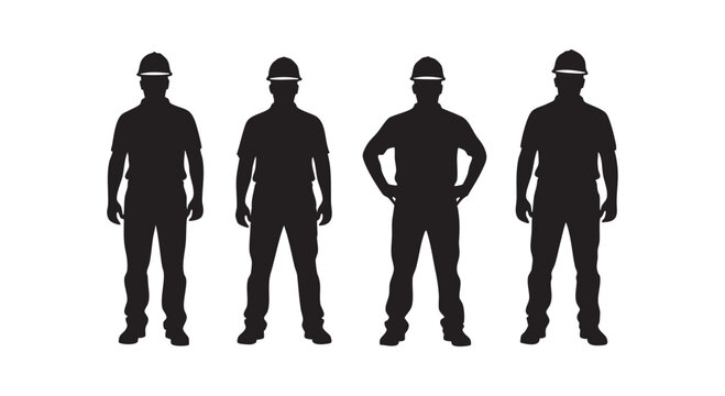Group of four black silhouettes of construction workers wearing hard hats isolated on white background for industrial.