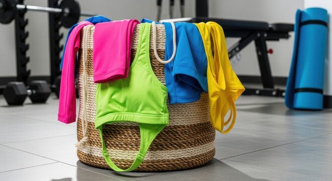 Woven Laundry Basket Overflowing With Vibrant Sportswear and Activewear Ready for Wash or Storage