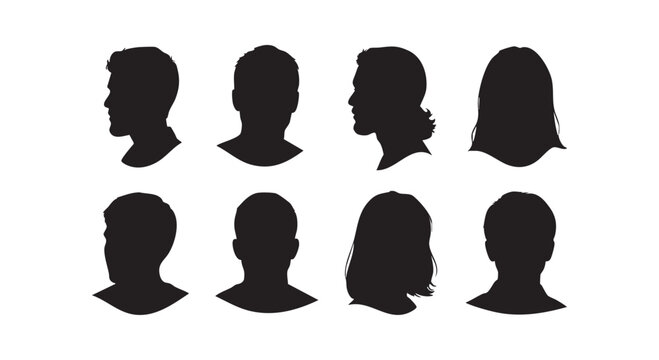 Group of head silhouette icons showing male and female faces from profile and frontal perspectives vector set.