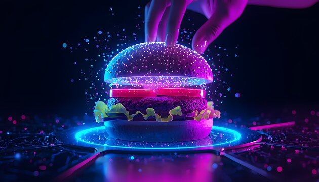 Futuristic glowing hamburger with neon pink, purple and blue layers, floating bun lifted by hand, sparkling particles and bright platform against dark background.