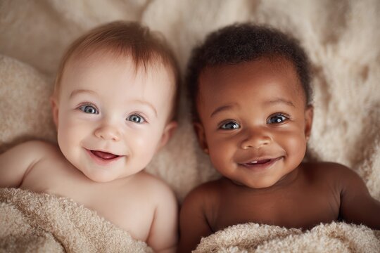 Smiling multicultural twin babies on blanket