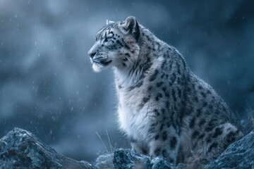 Fototapeta premium Wild snow leopard in mountain terrain