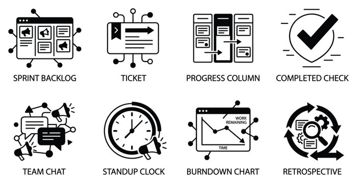 Agile development process icons for sprint backlog ticket progress completed check and team communication.