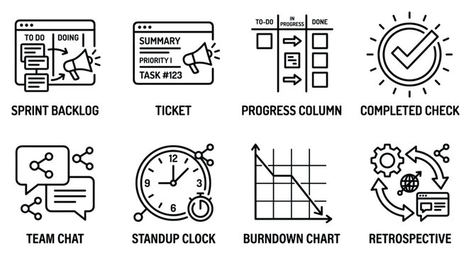 Agile methodology icons for sprint backlog ticket progress completion team chat and workflow analysis.