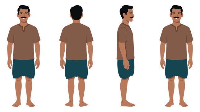 Indian man character sheet showing front side and back view clothing.