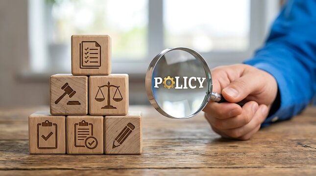 Policy examination with magnifying glass over word policy and legal icons on wooden blocks document regulation compliance
