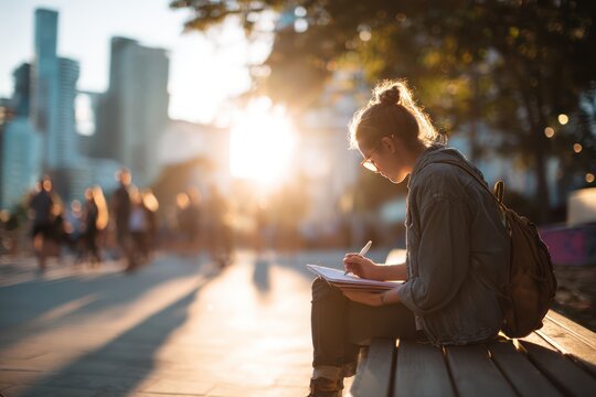 Focused student studying on city bench during sunset