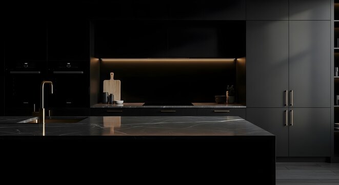 Dark luxury modern kitchen counter with marble surface