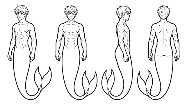Male merman character turnarounds front back side view cartoon style.