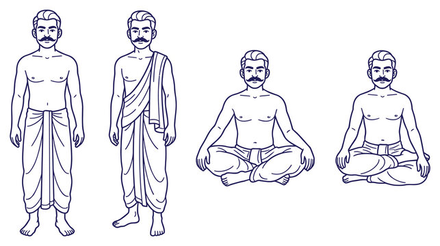 Indian male character line art poses wearing traditional dhoti lower cloth.