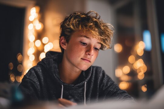 Focused teen studying at desk in modern bedroom
