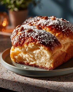 Traditional colomba cake with pearl sugar and almonds on a plate