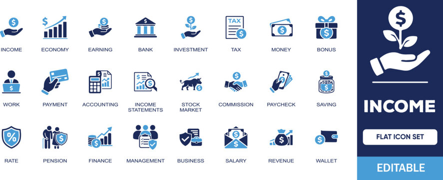 Income editable solid icon set. Containing economy, bank, investment, money, tax, earnings, bonus, payment, accounting, paycheck, work, pension and more vector illustration icons collection.