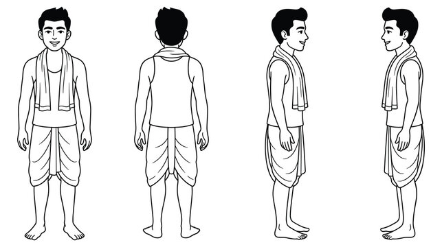 Young indian man wearing traditional dhoti character poses line art set.