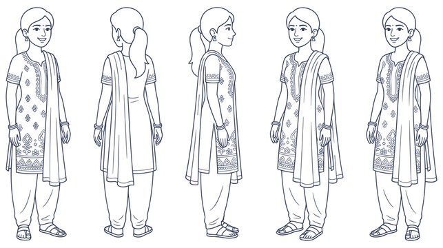 Indian woman wearing salwar kameez, front back side 3/4 view reference.