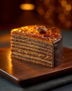 Dobos torte cake slice with caramel glaze and hazelnut