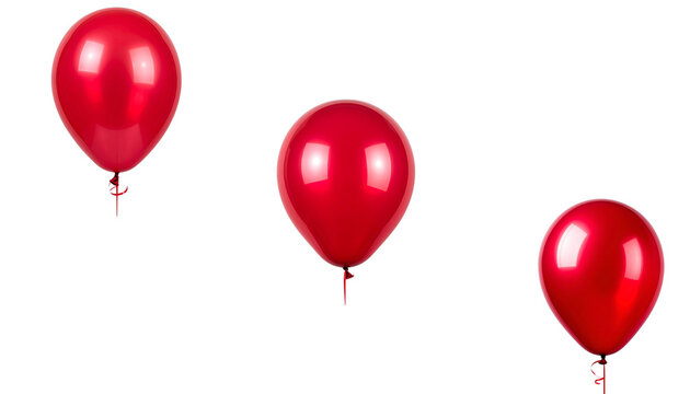 Bright red balloons float against a white background.
